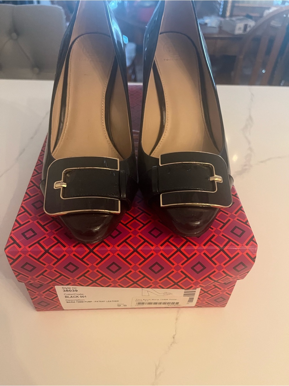 Tory Burch Black Patent Leather Buckle Pumps